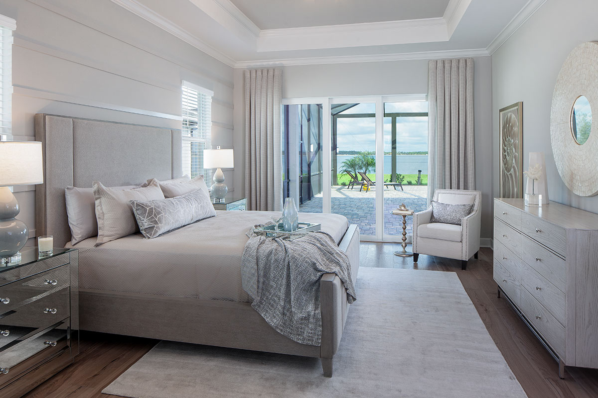 master bedroom interior design at Iris Wild Blue Naples by Diana Hall Design